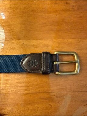 Brooks Brothers Navy Woven Belt with Brown Leather and Brass Buckle